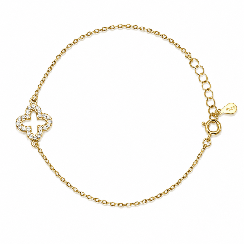 Γυναικείο Βραχιόλι Σταυρός Τετράφυλλο από Ασήμι 925 Επιχρυσωμένο με Ζιργκόν