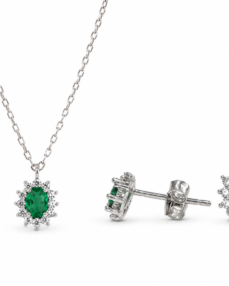 Σετ Κολιέ & Σκουλαρίκια Emerald Style με Πράσινο Ζιργκόν από Ασήμι 925