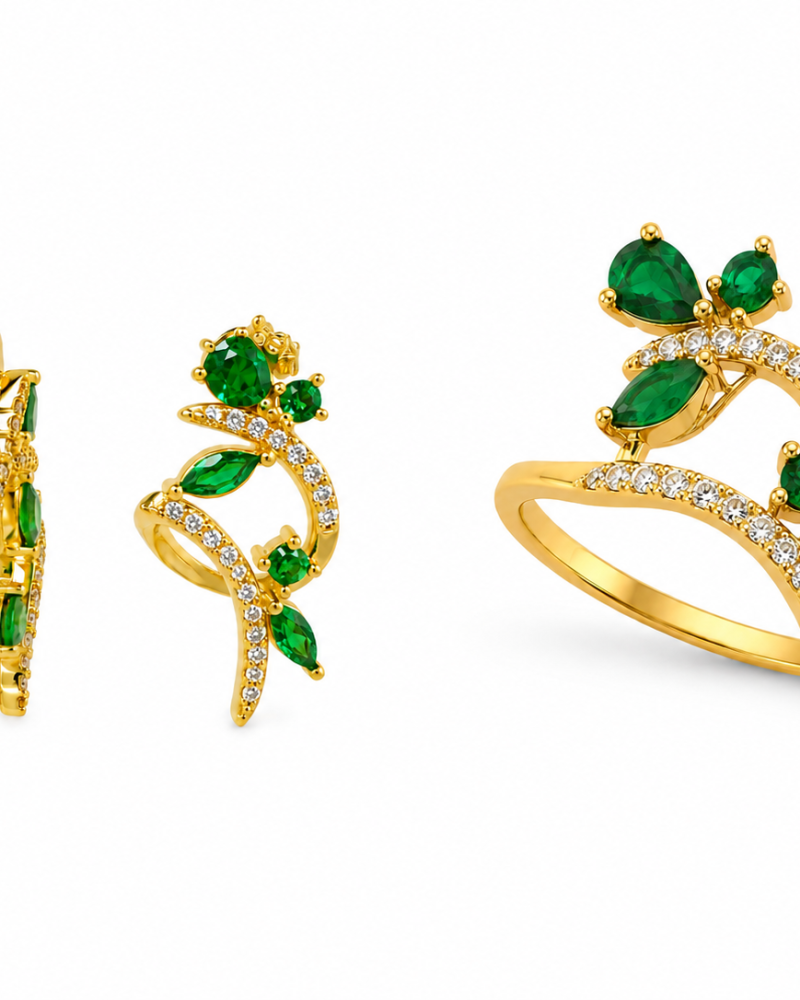 Σετ Δαχτυλίδι & Σκουλαρίκια Emerald Leaves με Πράσινο Ζιργκόν από Ασήμι 925