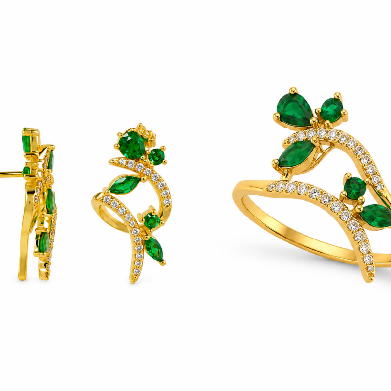 Σετ Δαχτυλίδι & Σκουλαρίκια Emerald Leaves με Πράσινο Ζιργκόν από Ασήμι 925