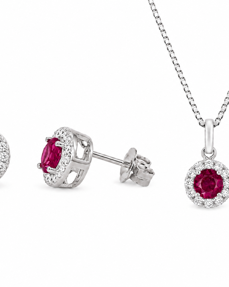 Σετ Κολιέ & Σκουλαρίκια Ruby Halo από Ασήμι 925 με Ροζ Ζιργκόν Σετ Κολιέ & Σκουλαρίκια Ruby Halo από Ασήμι 925 με Ροζ Ζιργκόν