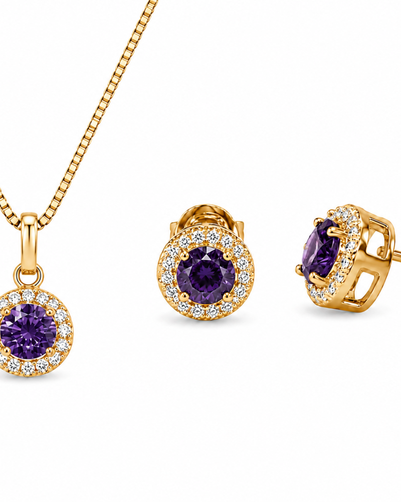 Σετ Κολιέ & Σκουλαρίκια Amethyst Halo από Ασήμι 925 Επιχρυσωμένο