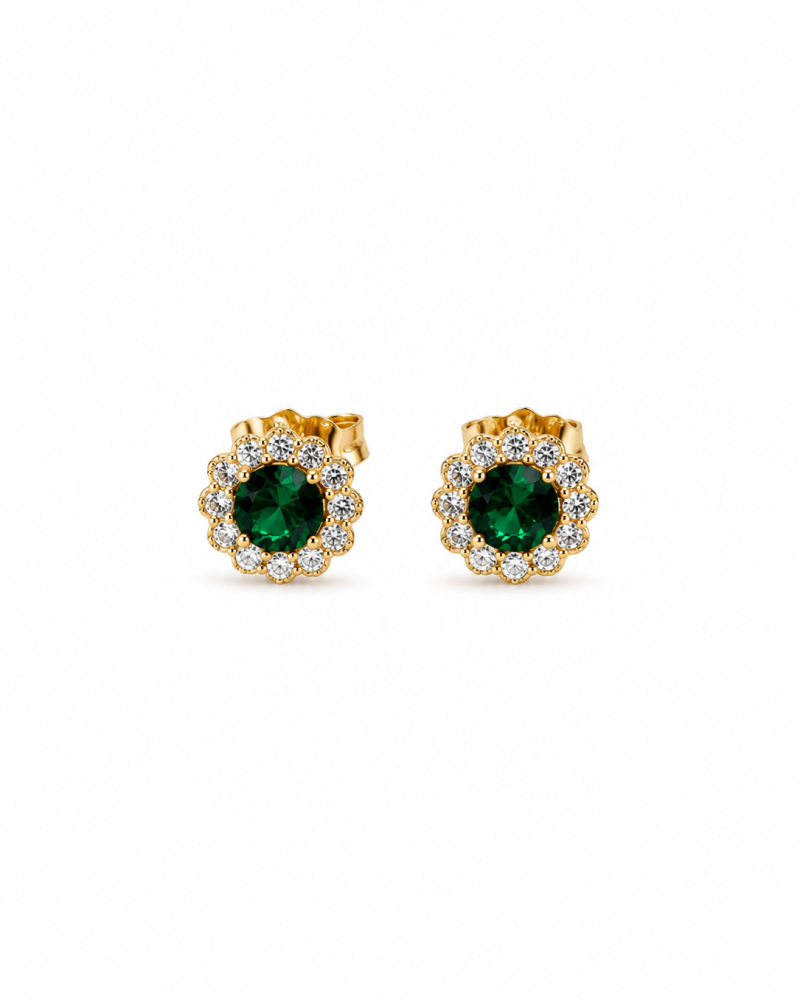 Σκουλαρίκια Ροζέτα με Πράσινη Πέτρα και Λευκές Πέτρες Χρυσά 14Κ
