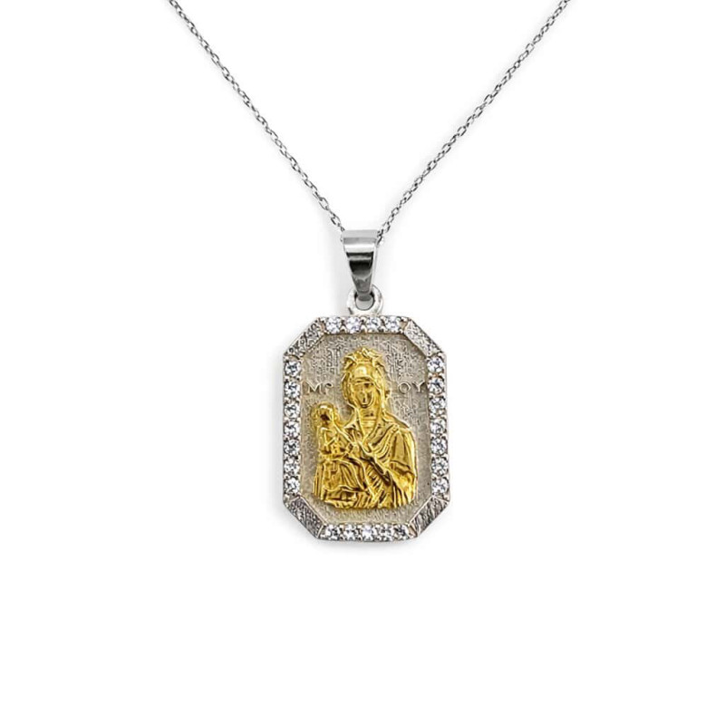 Ασημένιο Δίχρωμο Φυλαχτό 925 με Ζιργκόν – Παναγία και Χριστός