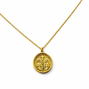 Ασημένιο Επιχρυσωμένο Κωνσταντινάτο 925 Διπλής Όψης με Λευκή Πέτρα – Άγιος Κωνσταντίνος & Αγία Ελένη