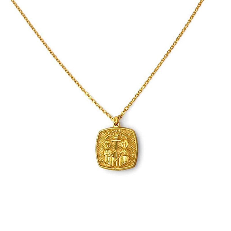 Ασημένιο Τετραγωνισμένο Κωνσταντινάτο 925 Διπλής Όψης με Πράσινα Ζιργκόν – Άγιος Κωνσταντίνος & Αγία Ελένη