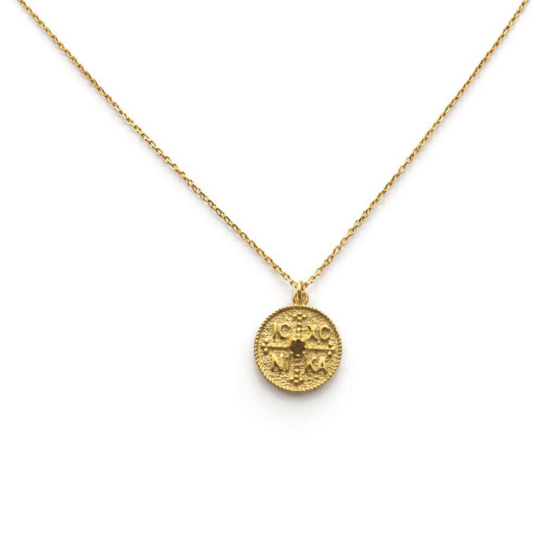 Ασημένιο Επιχρυσωμένο Κωνσταντινάτο 925 Διπλής Όψης με Κόκκινη Πέτρα – Άγιος Κωνσταντίνος & Αγία Ελένη